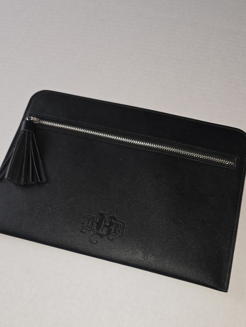 NWOT Kat Von D Black Vegan Leather Makeup Bag Tassel Flat Clutch KVD Monogram